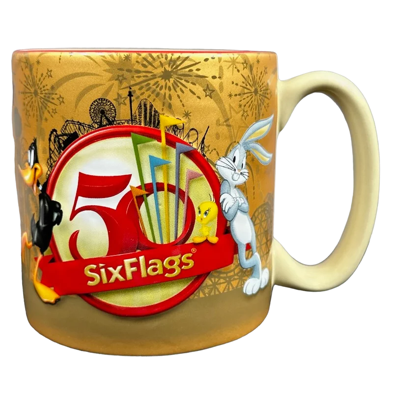 50th Anniversary Embossed Six Flags Mug Warner Brothers