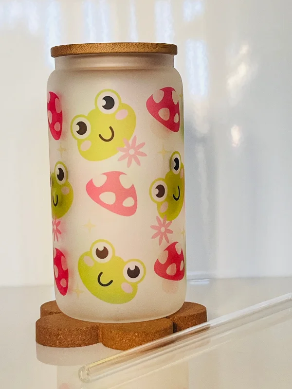 Cute Mushroom Frog Glass Tumbler