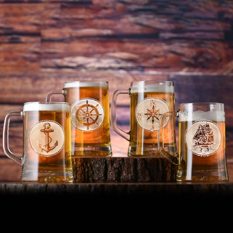 Engraved Nautical Beer Mug Set of Four Beach Glasses