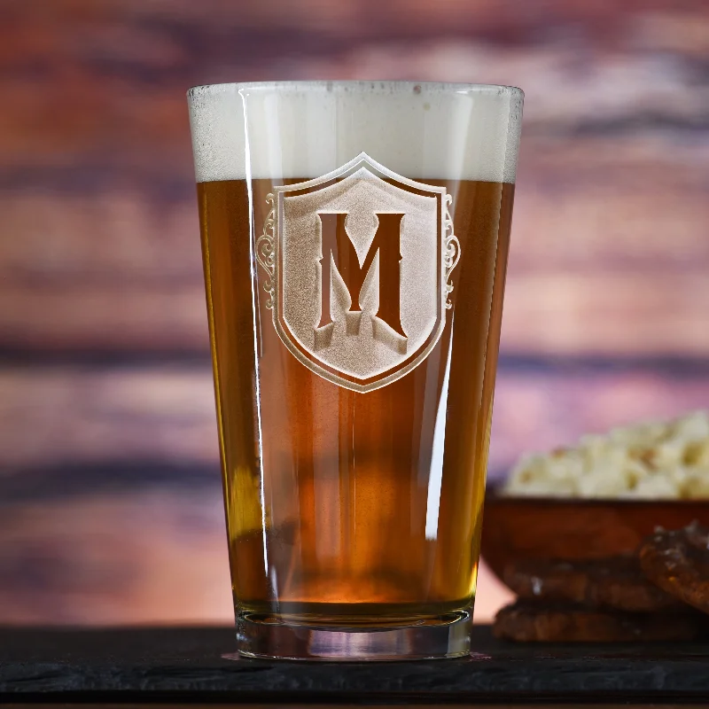 Engraved Shield Monogram Pint Pub Glass