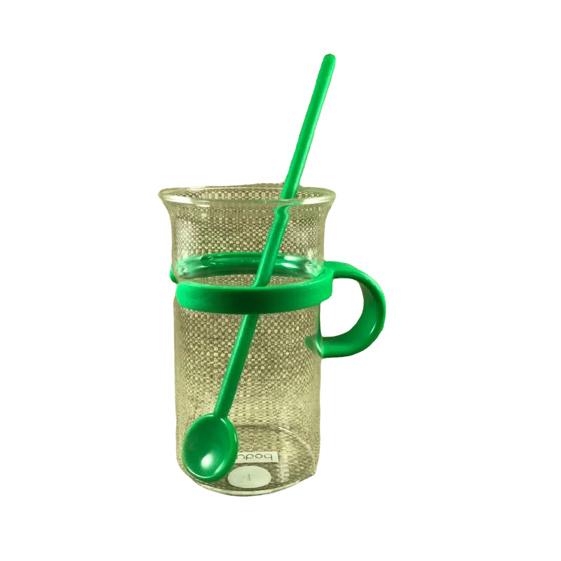 Tall Glass Mug With Plastic Green Handle And Spoon Bodum