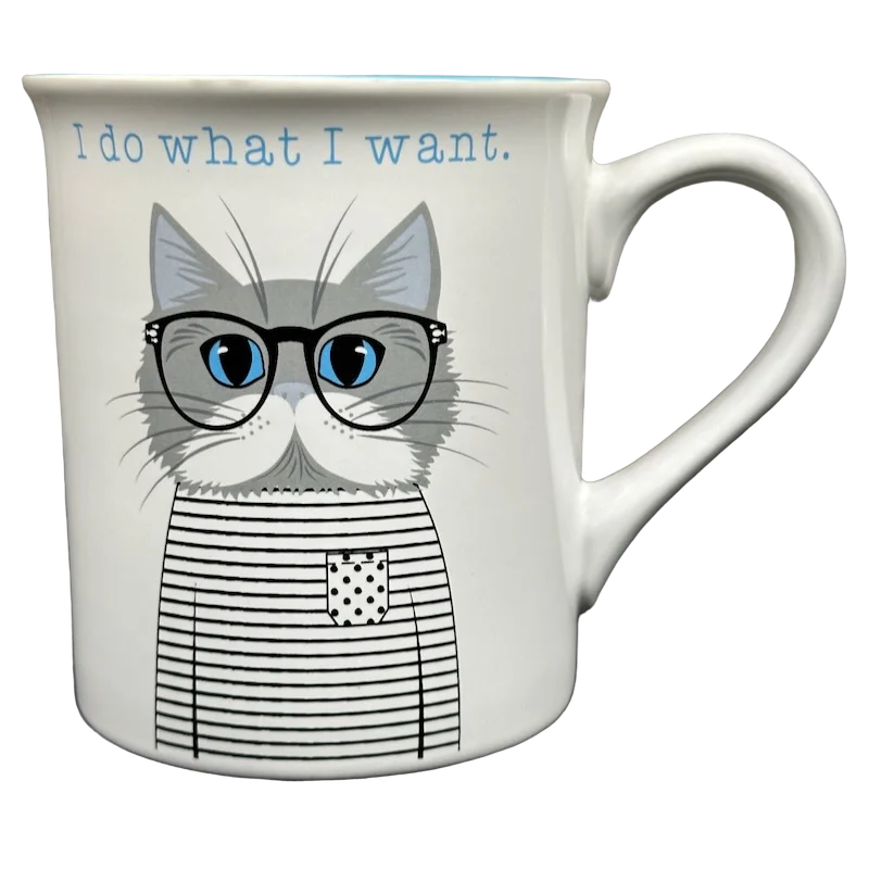 I Do What I Want Gray Cat Wearing Glasses White Mug With Blue Interior Love Your Mug