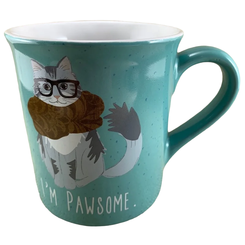 I'm Pawsome Cat Wearing Glasses And Scarf Blue Mug With White Interior Love Your Mug