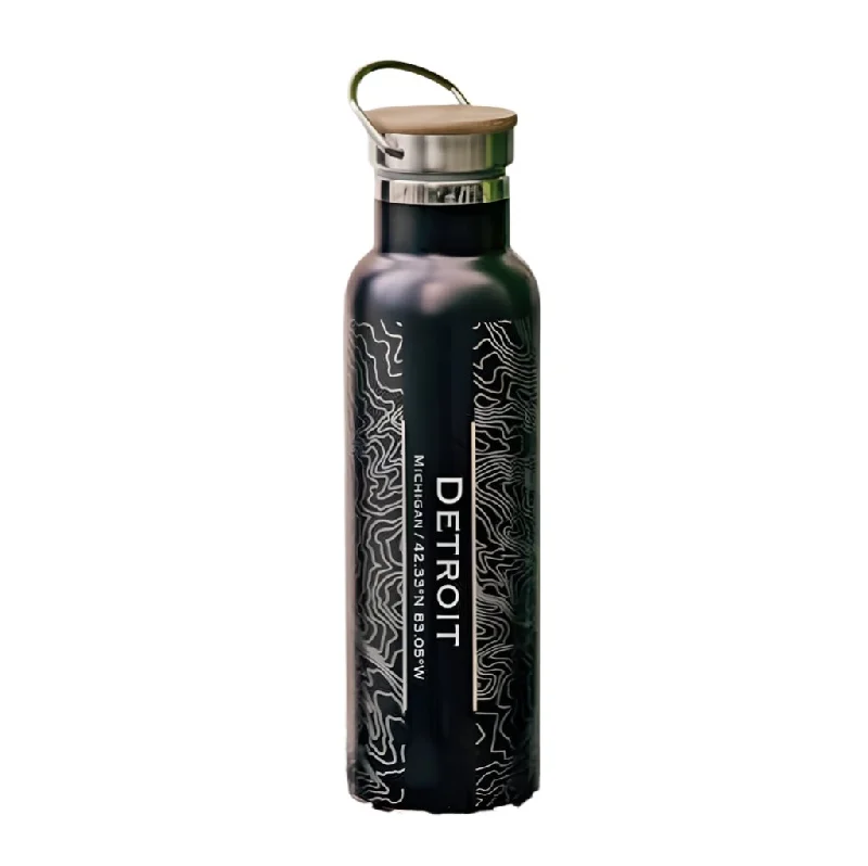 Detroit City Map Bottle with Bamboo Top - Matte Black