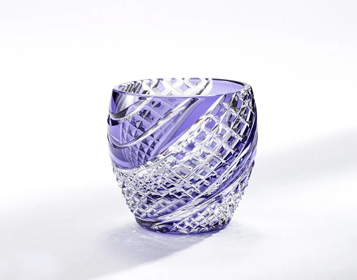 Kagami Crystal - Sake Glass, Edo Kiriko "Fish scales strip" Pruple