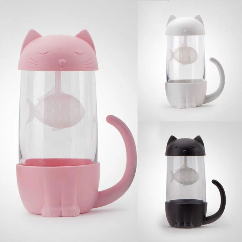 Lovely Glass Cup Tea Cat with Fish Filter Strainer Glass Cup Tea Infuser Filter Mug Home Office Container Gift