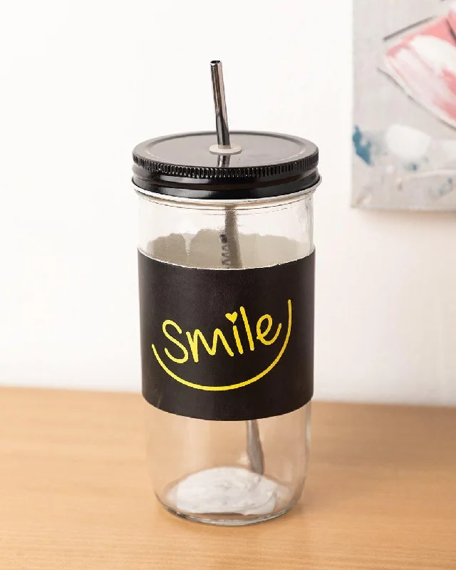 Mason Jar, with Straw & Lid, Black, Glass, 600 mL