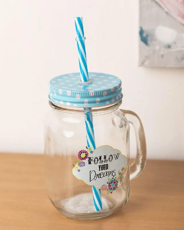 Mason Jar, with Straw & Lid, Blue, Glass, 450 mL