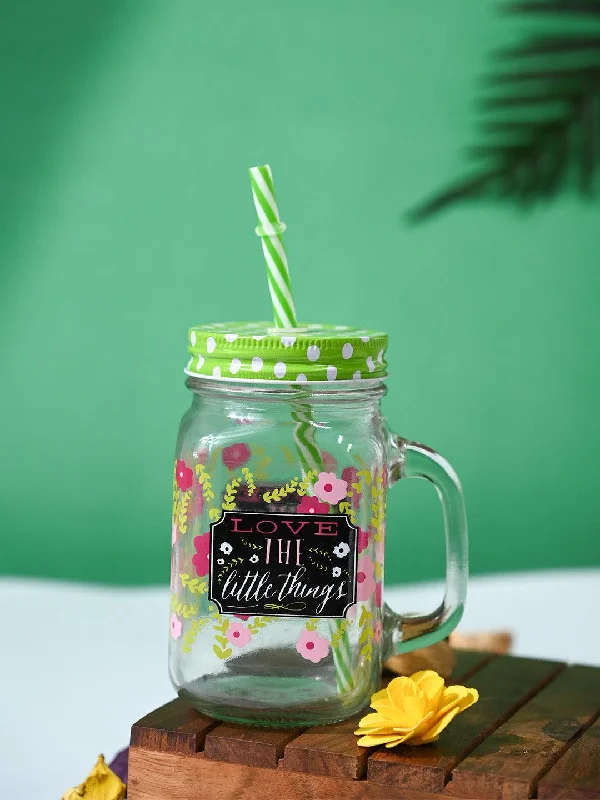 Mason Jar, with Straw & Lid, Green, Glass, 450 mL