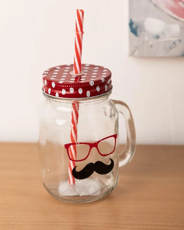 Mason Jar, with Straw & Lid, Red, Glass, 450 mL