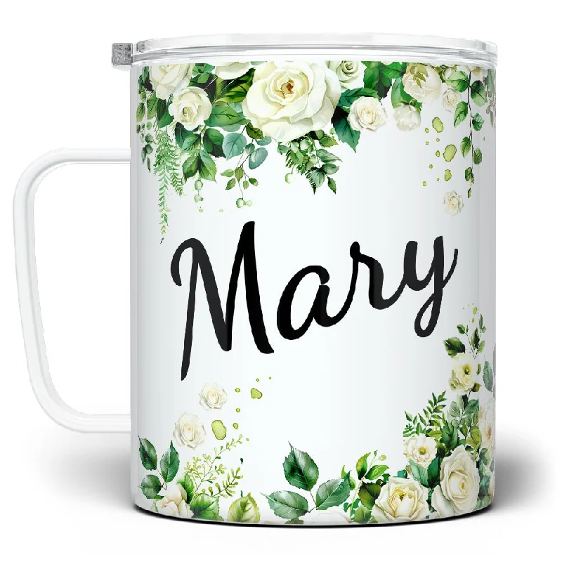 Personalized Name White Rose Insulated Travel Mug