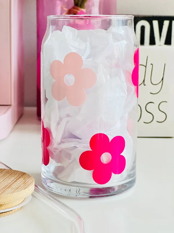 Pink Retro Flowers Beer Can Glass