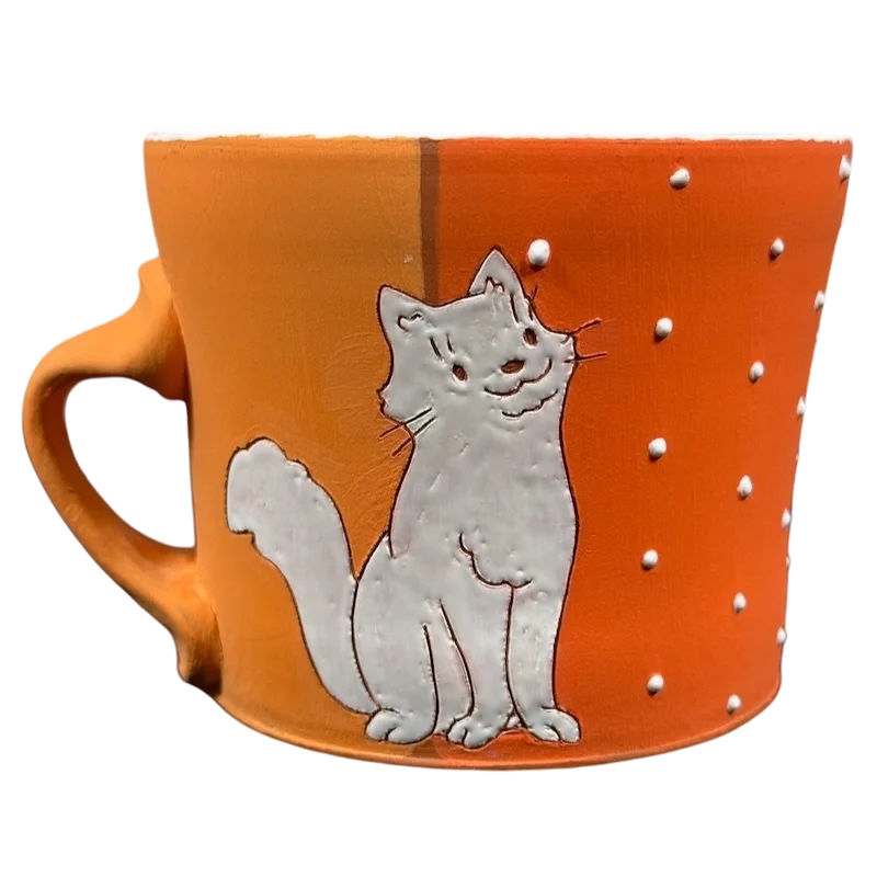 White Cat And Flowers With Embossed Polka Dots Signed Pottery Mug