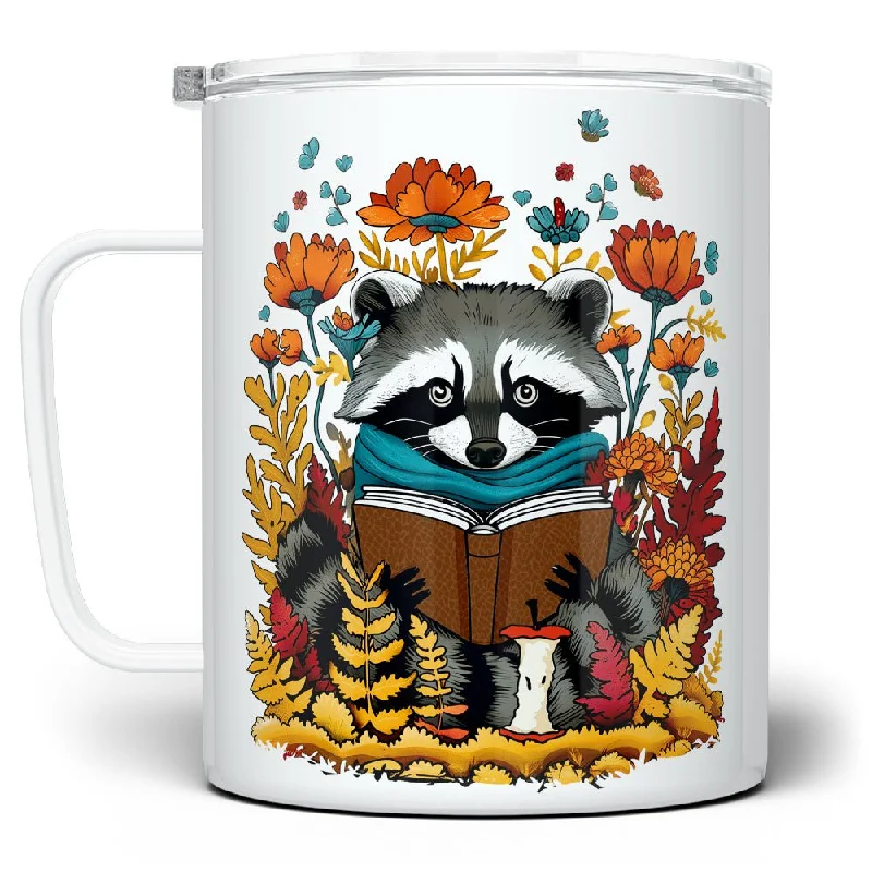 Woodland Fall Reading Raccoon Insulated Travel Mug