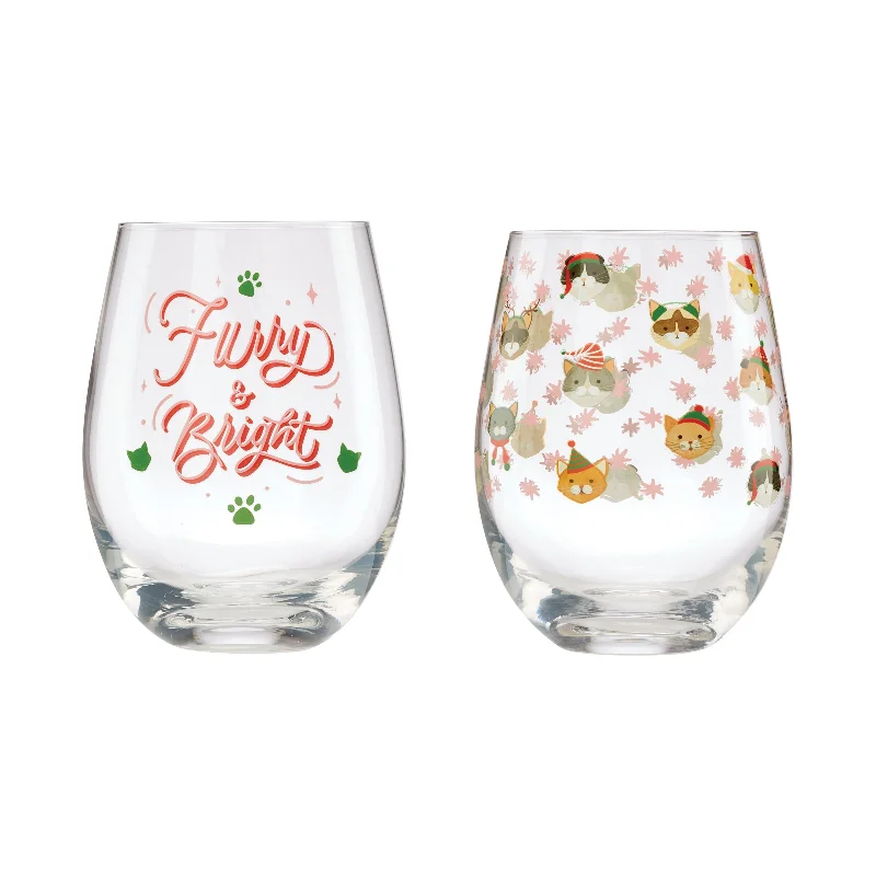 18 Oz "Furry & Bright" Wine Glasses, Set Of 2