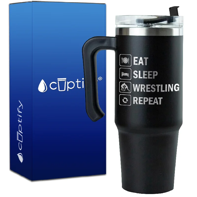 Eat Sleep Wrestling Repeat Icons on 30oz Wrestling Travel Mug