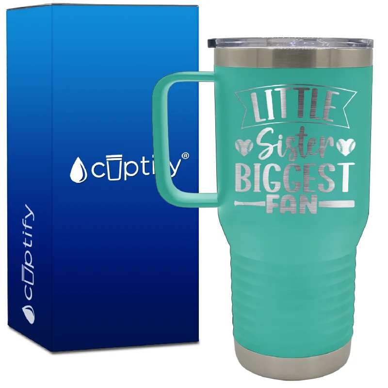 Little Sister Biggest Fan Baseball Hearts 20oz Baseball Travel Mug