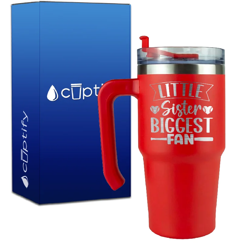 Little Sister Biggest Fan Baseball Hearts on 20oz Baseball Travel Mug